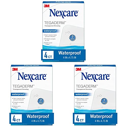 Nexcare Tegaderm Waterproof Transparent Dressing, Dirtproof, Germproof, Provides Protection to Minor Burns, Scrapes, Cuts, Blisters and Abrasions, 4 x 4.75 in, 4 Count (Pack of 3)
