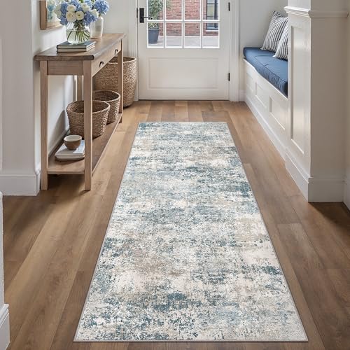 Blue 2x6 Runner Rug Washablel Abstract Hallway Carpet Modern Neutral Non Slip Soft Carpet Low Pile Contemporary Aesthetic Long Rug for Bathroom Laundry Kitchen Bedroom 2' x 6' (Runner) Abstr