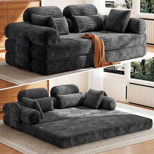 HOMRELEXA Schlafsofa 200cm Breit, Boneless Couch, Bodensofa Bed mit Hohe Rückenlehne, Abnehmbare Integrierte Kopf- und Lendenstütze, 2 Zierkissen, Seitentasche, Cord Sofa mit schlaffunktion, Grau