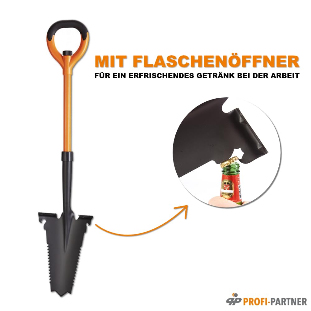 Spaten mit Wurzelsäge - Spitze aus Karbonstahl mit scharfen Zähnen, Griff aus Fieberglas, Integrierter Maulschlüssel & Flaschenöffner, 114 cm, Zerlegbar, Orange und Schwarz