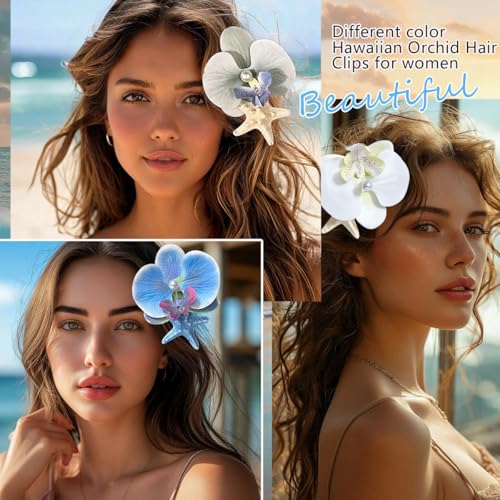 5 Pzas Pinzas para el Cabello Flores Hawaianas para Mujer Mariposa Orquídea con Estrella de Mar y Perla Flores Artificiales de Verano Accesorios Nupciales para la Playa miniatura 4