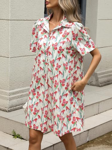 Image of LifeShe Summer Floral Dress Women's Printed Casual Sundress Short Sleeve Button Up Shirt Dresses with Pockets
