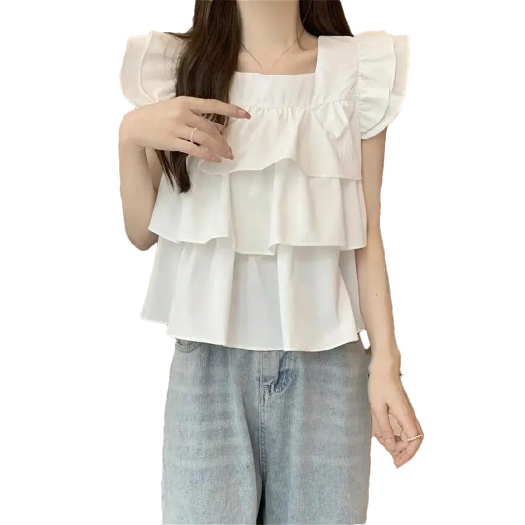 Camisas de verano para mujer, a la moda, con volantes, cuello cuadrado, con cordón, sin mangas, de gasa
