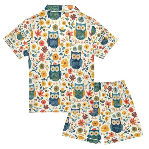 senya Cute Owl Leaves 1 Satin Summer Pajama Sets Silk Short Sleeve Button Down Sleepwear2
