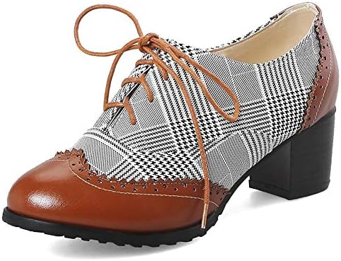 VIMISAOI Women’s Vintage Oxfords Brogues Wingtip Chunky Block Heel Shoes, Lace-up Perforated Stacked Pumps Dress Saddle Shoes Gift