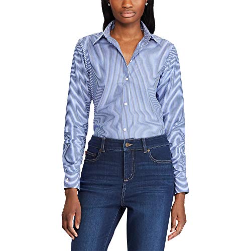Chaps Women's Petite Long Sleeve Non Iron Broadcloth-Shirt, Blue/White, PXS