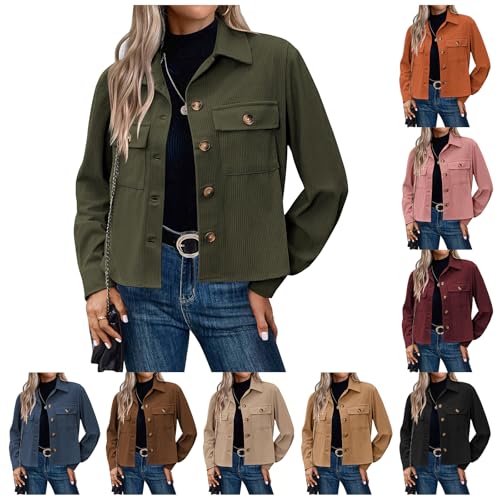 Corduroy Shacket for Women Fall Winter Warm Lapel Long Sleeve Button Down Cropped Jackets Casual Bomber Jacket Coats