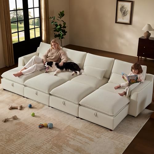 Image of WorthFurni Modern Modular Sectional Sofa,134 inch Sleeper Sofa Bed Sectional Cloud Couch with Storage Ottoman,Comfty 8 Seat Sofa for Living Room,Beige Chenille