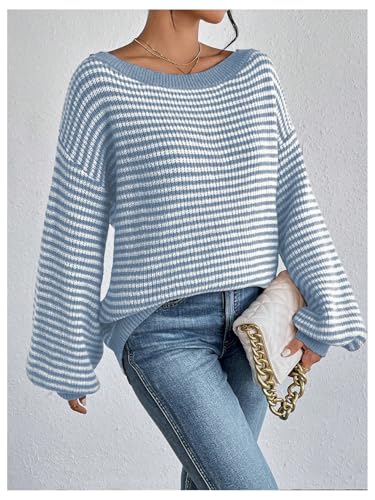 Image of SOLY HUX Women's Off The Shoulder Striped Sweaters Oversized Long Sleeve Knit Pullover Tops