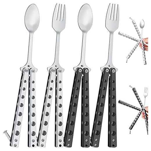 Flutesan 4 Pcs Butterfly Fork and Spoon Set Tactical Butterfly Spoon Fork Folding Stainless Steel Forks and Spoons for Travel Hunting Hiking BBQ, Silver and Black