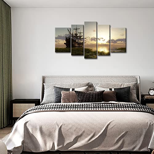 5 Panel Wall Art Painting Fantasy Ship Sailing Boat in Lake Sunset Prints on Canvas The Picture Seascape Pictures Oil for Home Modern Decoration Print Decor - Image 7
