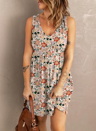 Acelitt Women Summer Casual Sleeveless Button Down Elastic Waist Swing Dresses, XS-2XL3