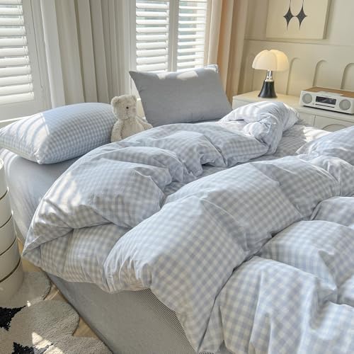Image of LifeTB Blue Gingham Comforter Set Full Size Modern Style Blue Plaid Comforter Set 3 Pieces Grid Checkered Pattern Comforter Fluffy Soft Farmhouse Gingham Bedding Comforter with 2 Pillowcases