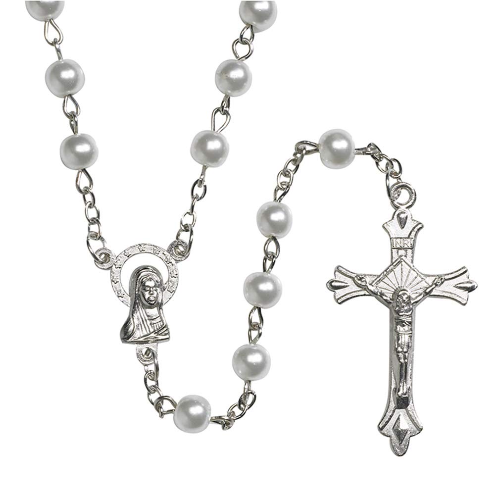 Girls First Communion White Imitation Pearl Rosary with Our Lady of Grace Centerpiece