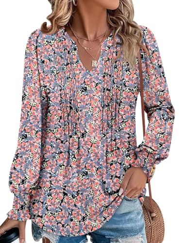 BETTE BOUTIK Long Sleeve Shirts for Women Fall Tops Dressy Blouses Pleated V Neck Tunic Tops for Leggings S-3XL