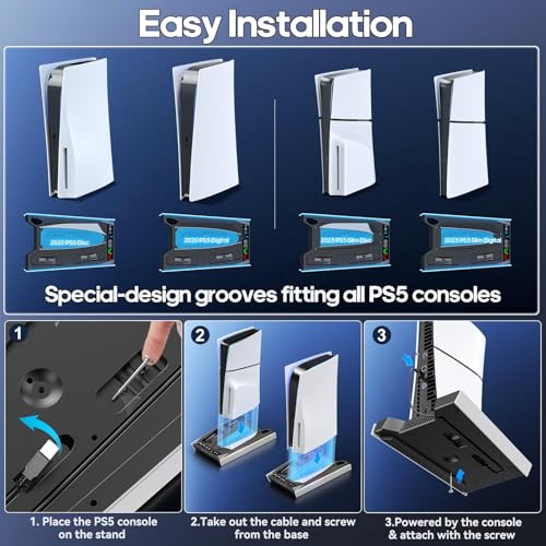 Image of PS5 /PS5 Slim Stand with Automatically Adjustable 3-Level Fan for All PS5 Consoles, PS5 Stand with RGB Light and Controller Charging Station for PS5 & Edge Controller, PS5 Accessory Set