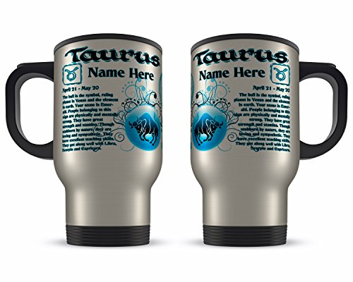 Personalised 14oz Any Name Taurus Zodiac Astrology Horoscope Star Sign Novelty Gift Aluminium Travel Mug - Blue