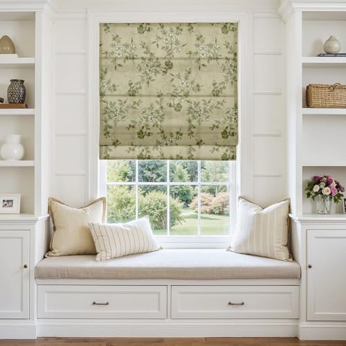 Image of TWOPAGES No Drill Cordless Vintage Floral Print Roman Shades Linen Textured Roman Blinds for Windows, Custom Made Room Darkening Light Filtering Roman Window Shades, Vintage Linen, 1 Piece
