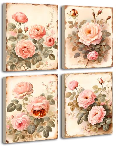 Image of Framed Vintage Flowers Canvas Wall Art Pink Rose Wall Decor,Set of 4