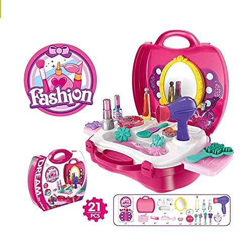 2 in 1 Beauty Makeup Pretend Play Set Fashion Set Suitcase Toy, Gift for Girls 3-8 Year Old Kids (Plastic - Pink)