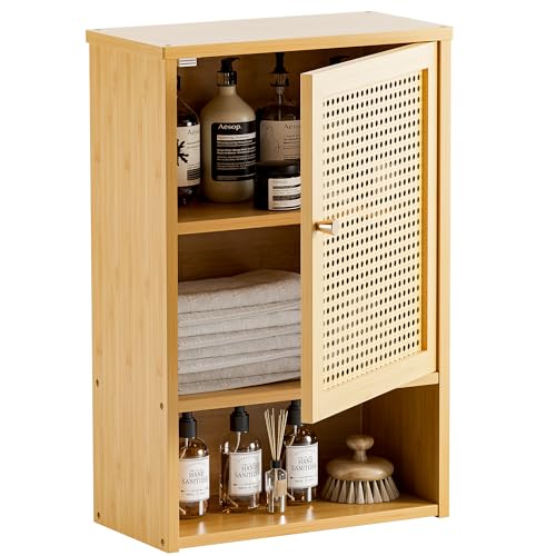 HITNET Armoire Murale en Rotin, Armoire à Pharmacie en Bambou avec Étagères Réglables,Meuble de...