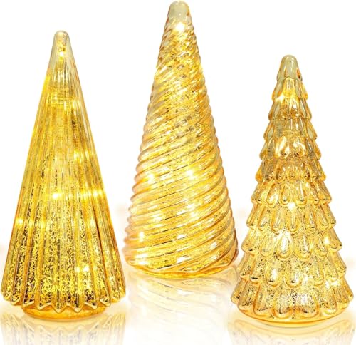 Glass Christmas Tree Decorations, Gold, 3 Piece Set, Tabletop Holiday ...