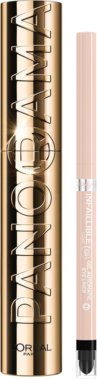 Even Bigger Eyes Kit con máscara L'Oréal Paris Volumen, Panorama de Volume Million Lashes, Negro y L'Oréal Paris Automatic Gel Inflatable 36H Grip Liner, Tono Bright Nude