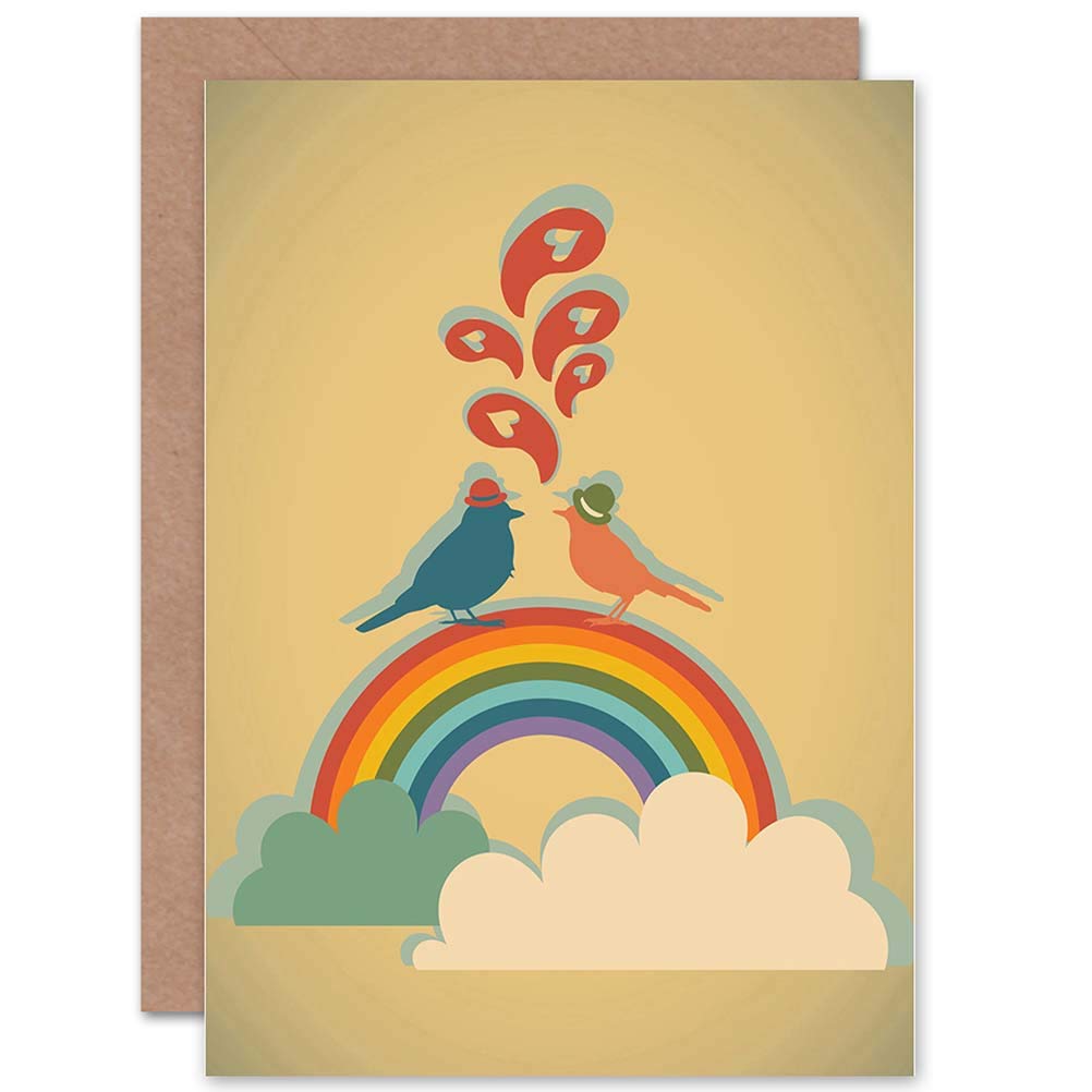 Wee Blue Coo HIPSTER LOVE BIRDS RAINBOW CLOUDS BLANK GREETINGS BIRTHDAY CARD ART