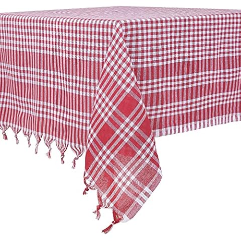 DESTALYA Checkered Tablecloth 63 x 63 Inch Picnic Blanket | 100% Cotton Buffalo Check Plaid Gingham Rustic Style | Linen Table Cover for Kitchen (Red and White) Cover