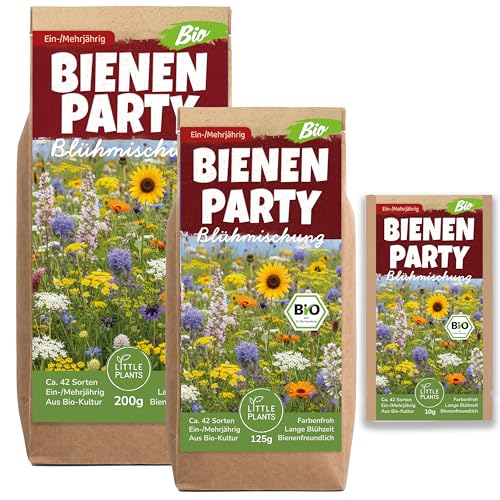 Little Plants Bio Bienenweide Blühmischung Bienenparty 125g Bio Samen Bienenwiese - Blumenwiese Samen mehrjährig winterhart - Enthält ca. 42 Sorten Wildblumensamen