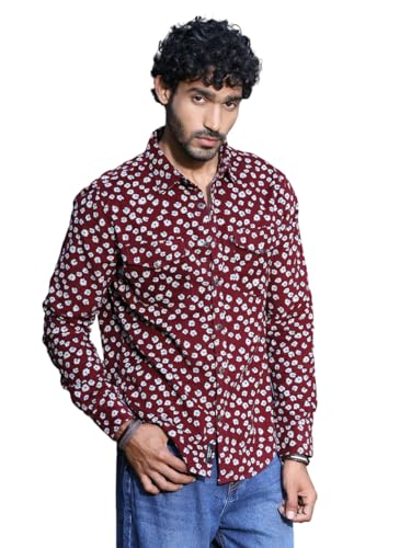Image of Thomas Scott Men Slim Fit Pure Cotton Corduroy Floral Printed Semi-Formal Shirt