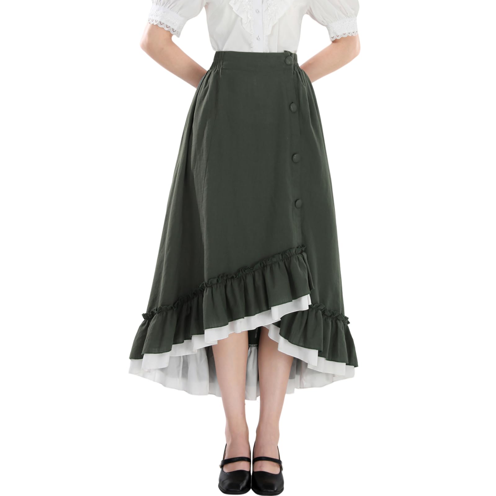 Fiamll Women's Medieval Skirt Vintage A-line Skirt High Waist Elastic Buttons Decorated Party Skirt