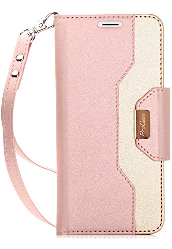 ProCase Galaxy S9 Wallet Case, Flip Kickstand Case with Card Holders Mirror Wristlet, Folding Stand Protective Book Case Cover for 5.8 Inch Galaxy S9 (2018 Release) -Pink