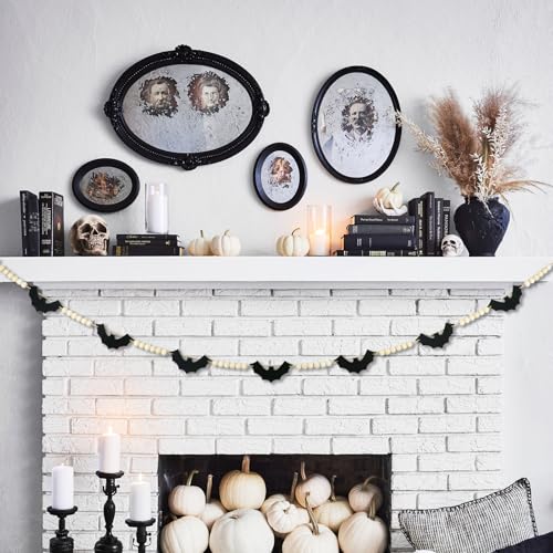 Halloween Garland Decorations - Adjustable Spooky Hanging Black Felt Bat Garland Fireplace Decor - Aesthetic Boho Wood Beads Mantel Banner for Home Room Indoor Farmhouse Office Wall Halloween Decor - Image 5