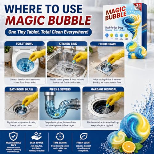 Image of Dual Action Magical Drain & Toilet Cleaner Tablets for Deep Cleaning & Odor Removal | Foaming Cleaning Tablets for Sink, Pipe & Toilet Unclogging Support | Fresh Citrus Fragrance (24)