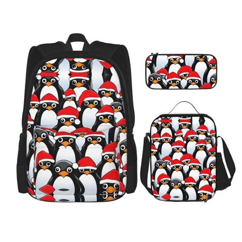 Christmas Penguins 3-Piece Set Backpack, Lunch Bag, And Pencil Case, Casual Cute Sets For Travel And College