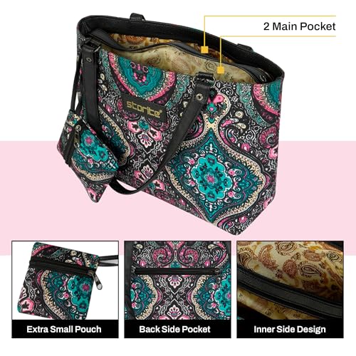 Image of Storite Women's Tote Bag With Leather Handles & Embroidery Printed bag With Zip Pockets, Shoulder Tote Bag And Handbag For Office And College