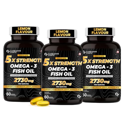 Image of Carbamide Forte 5X Strength Omega 3 Fish Oil Capsules 2730mg with Omega 3 Supplement 1590mg and added Vitamin A, D, E & Aloevera with Fish Oil for Men & Women - 60 Softgel Capsules (Pack of 3)
