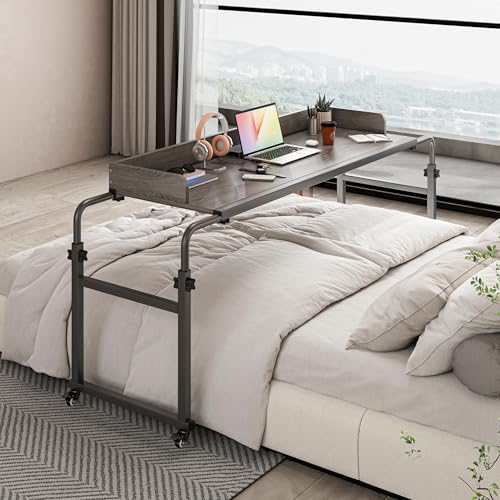 Furist Overbed Table with 360Â° Wheels, Queen Size Mobile Bed Desk, Recliner Table Over Bed Table Adjustable Height and Length Overbed Table with Heavy Duty Metal Leg for Hospital and Home use