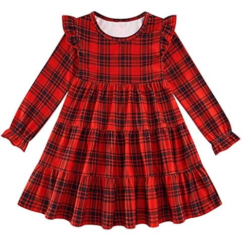 ChicSky Girls Plaid Dress Long Sleeve Kids Dress Casual Crewneck Ruffle Sleeve A-Line Knee Length Winter Girls Dress 3-4 Years, Red Plaid Cover