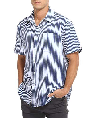 Tureface Men's Shirt Short Sleeve Button Down Striped Cotton Banded Collar Shirts Fashion Trend For Summer Blue Plus Size #TOP6