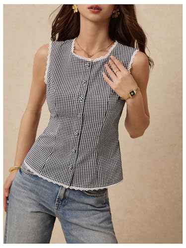 Women's Gingham Button Down Tank Tops Lace Trim Sleeveless Crew Neck Elegant Vest Top2