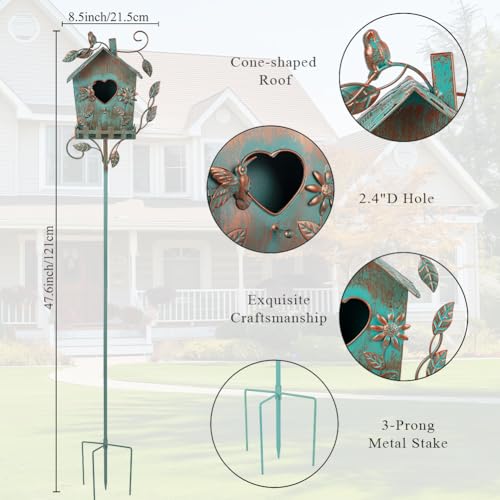 DREAMSOUL 48\" Rustic Bird Houses for Outside Metal Bird House Pole, Decorative Green Birdhouse for Patio, Yard, Garden