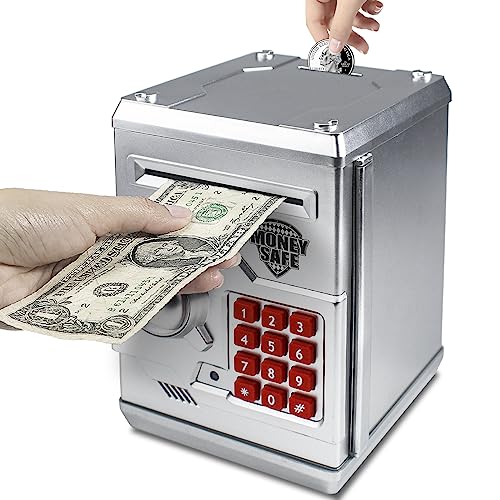 HUSAN Piggy Banks for Kids, Electronic Password Code Money Banks ATM Banks Box Coin Bank for Children Boys and Girls (Silver)