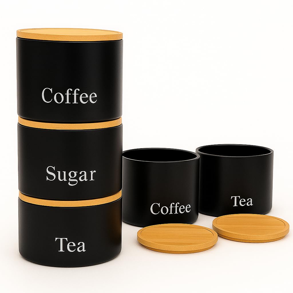Trendi Set of 3 Tea, Coffee & Sugar Stackable Airtight Canisters- Black Storage Jars with Bamboo Lids – Easy to Open, Labelled Containers for Organized Kitchen Storage