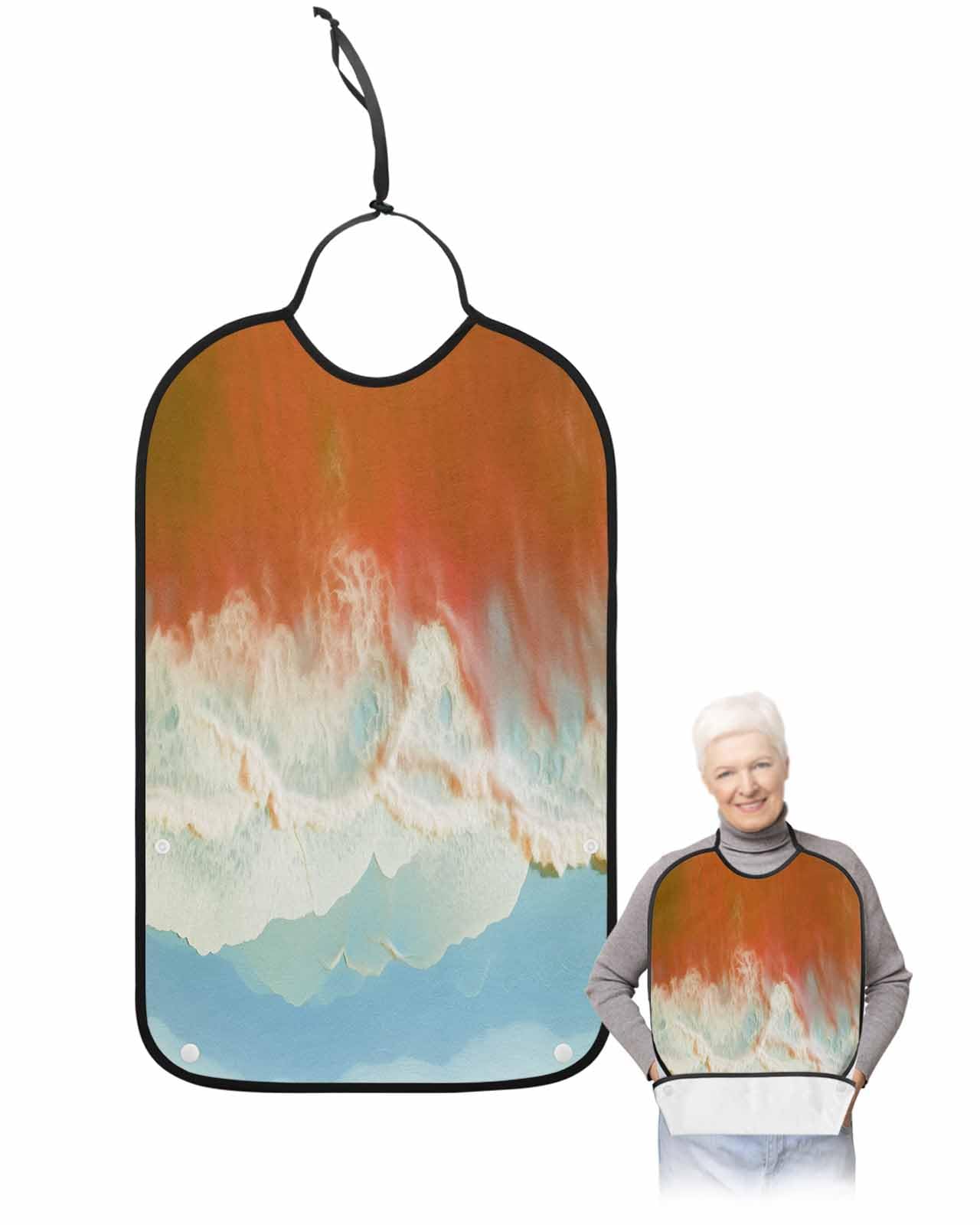 LEOKOTI Orange Coastal Adult Bibs for Eating, Waterproof Bibs with Food Catcher & Adjustable Snap Closure, Summer Beach Seaside Ocean Nautical Washable Clothing Protectors Adult Bibs for Elderly
