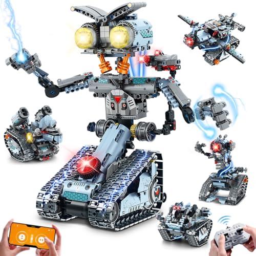 INSOON Robot Building Toy with Lights, 5 in 1 Robotic Building Set with APP & Remote Control, RC Tech Tracked Tank Car Fighter Jet Model Kit 795 PCS, Educational Gift for Kids Boys Girls Ages 14+