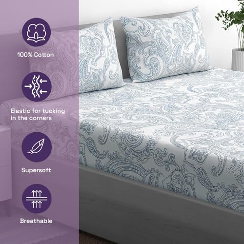 Image of Wakefit Cotton Fitted Bedsheet | 200 TC Elastic Fitted Sheet, Single Bed Bedsheet with 1 Pillow Cover | Paisley - 72X36 Inches,Assorted