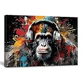 QIXIANG Animal Graffiti Canvas Wall Art Monkey with Headphones Painting Cool Monkey Chimps Picture Prints Teen Boys Bedroom Decor Frame (12.00' x 18.00', Monkey a)
