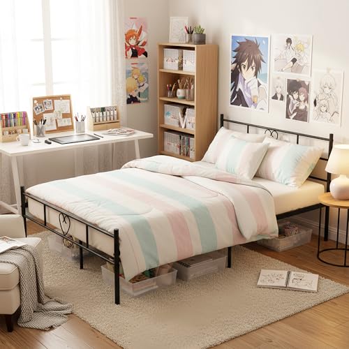 Double Bed Doppelbett Metallbett Bettrahmen Bettgestell für 140x190CM Matratze, Metall Bodenbett Schlafzimmer Bett mit Kopfteil Geeignet für Gästebett Jugendbett Seniorenbetten/Schwarz/Stil B – Bild 8